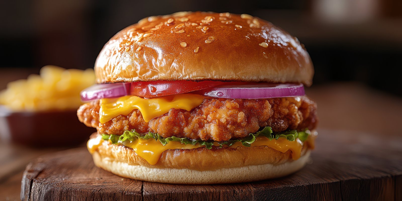 Delicious crispy chicken sandwich on a sesame seed bun with fresh vegetables and melted cheese